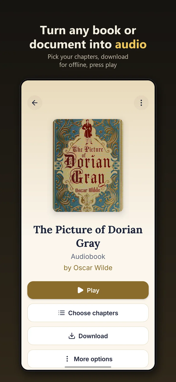 A book’s detail page with Play, Choose chapters and Download