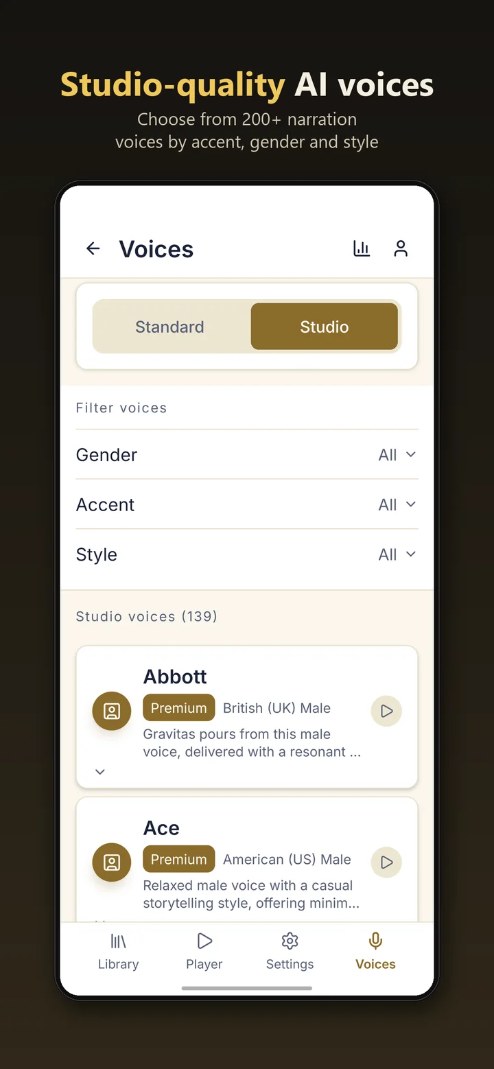 The Voices screen with Standard and Studio voices, filters for gender, accent and style